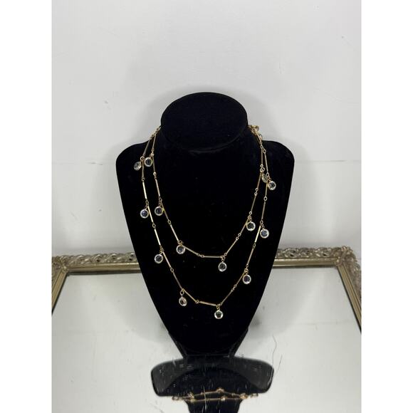 Gold Tone Signed Swarovski Clear Crystal Long Necklace 34”, Bezel Crystal, Facet - Picture 4 of 9